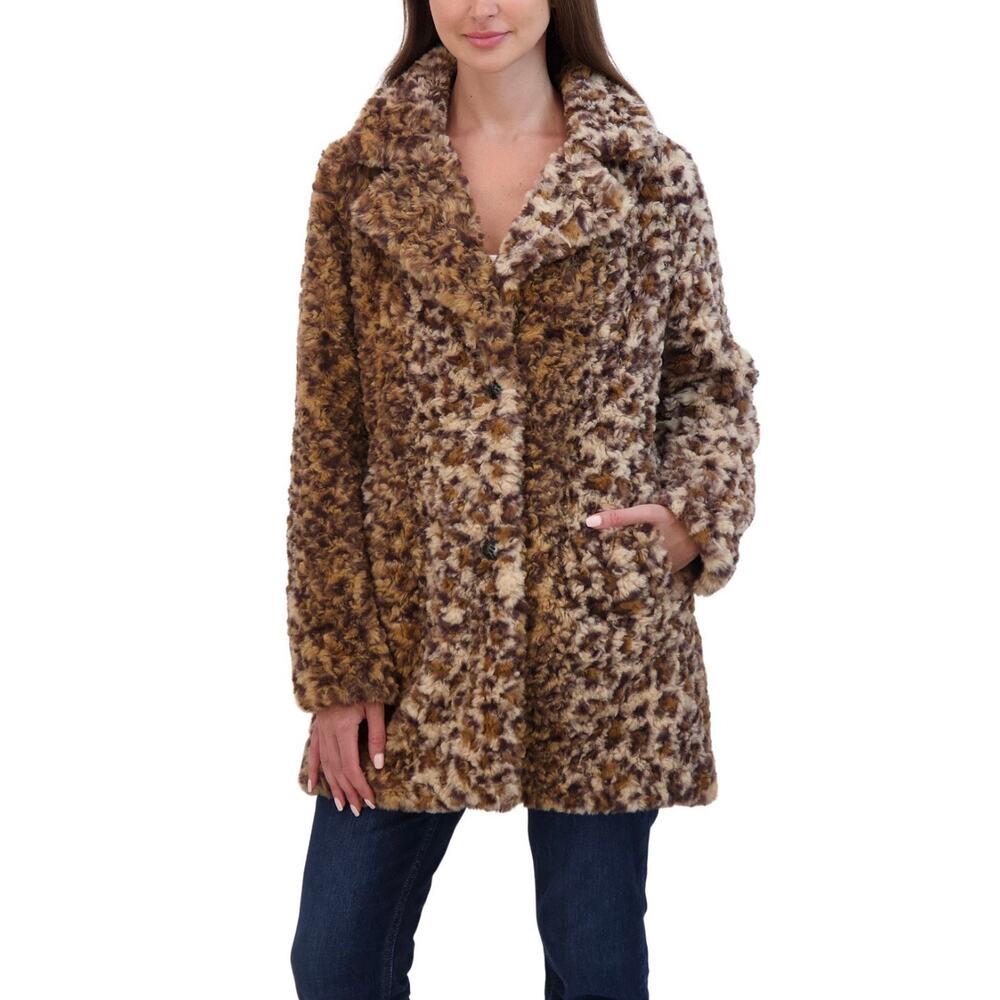 Sebby Collection Women's Crushed Faux Fur Button Front Coat - Leopard XL